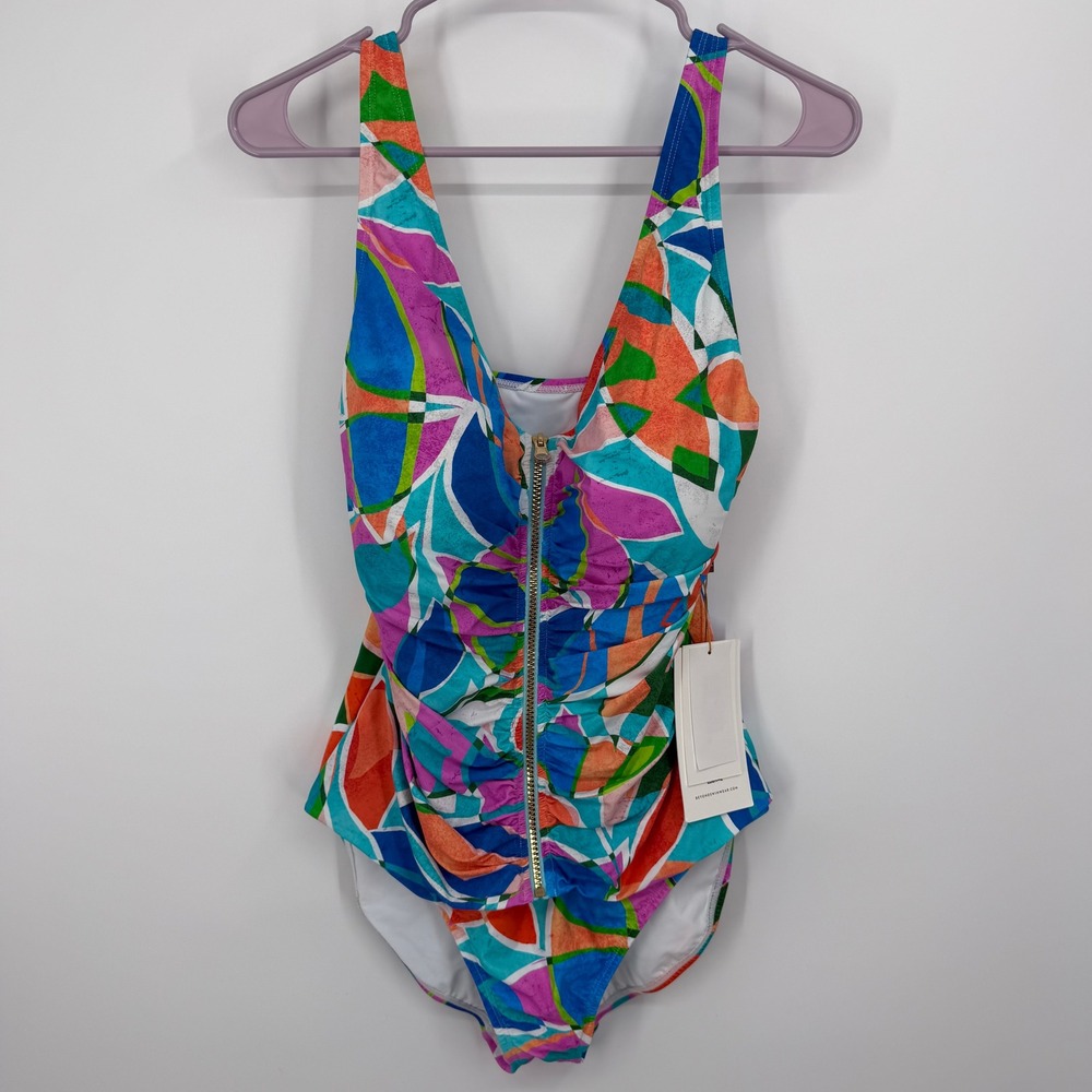 Beyond Control One Piece Swimsuit Womens 16 Teal Multicolor Abstract Zip Front